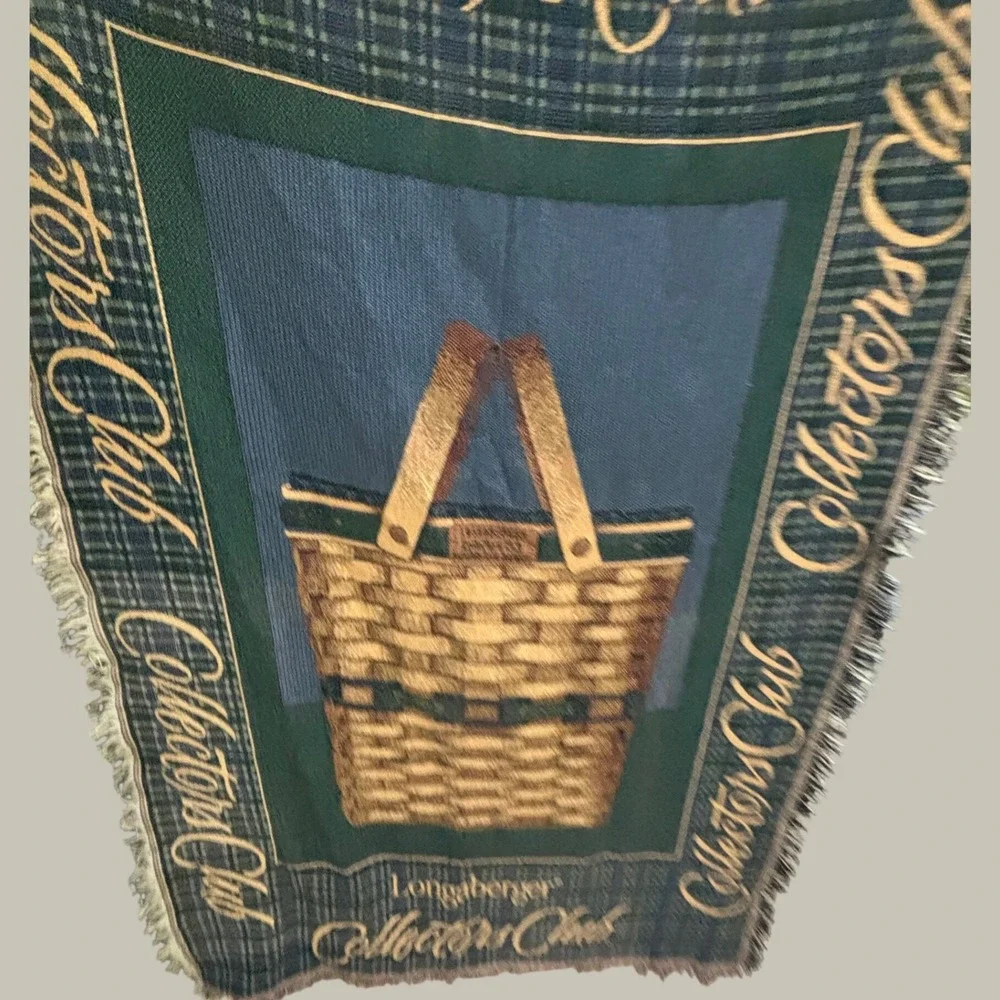 Longaberger Collectors Club Woven Tapestry Throw Blanket Green Plaid Basket